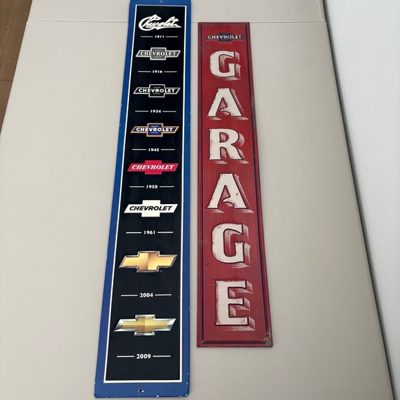 Two Chevrolet Garage Sign Evolution Logo Bowtie Metal Wall Decor Advertising - Picture 1 of 10